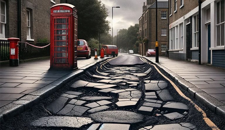 Digital artificial image of a road and pathway in London that has major cracks in it with a red phone box in the background to support roadworks article
