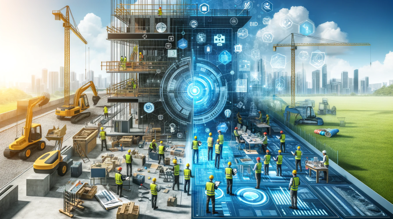 Digital image of a UK construction site filled with workers in PPE surrounded by different technologies