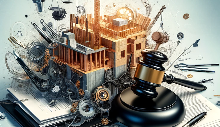 Abstract representation of the construction industry entwined with legal documents and gavels, symbolizing the complexities of legal disputes in construction to support surgo construction article