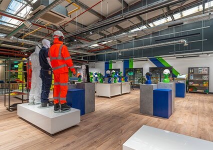 Lyreco showroom meeting space with mannequins and ppe