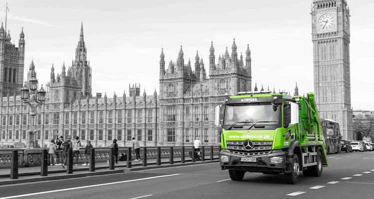 Sortera waste truck crossing Westminster Bridge