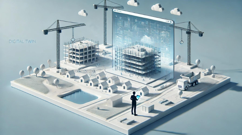 Illustration of digital twin technology in construction showing real-time data and project simulation.