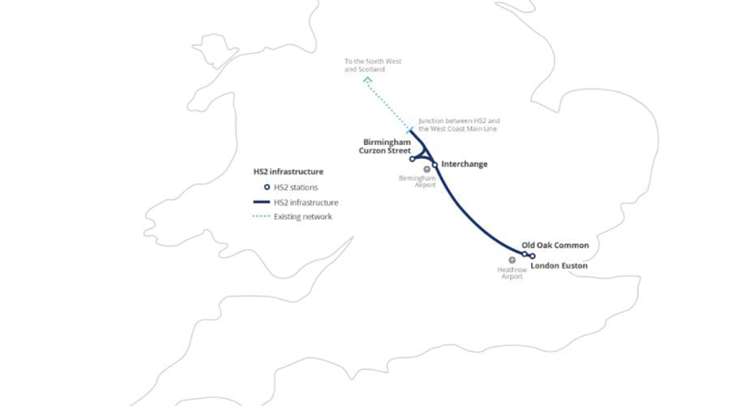 Map displaying the HS2 project rail journey