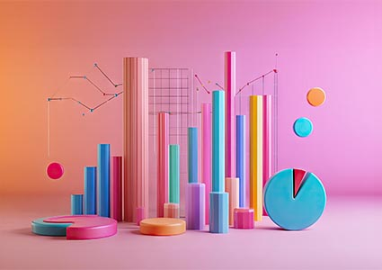 A 3D model of bar charts and pie charts, with floating data points, representing the concept of analysis.