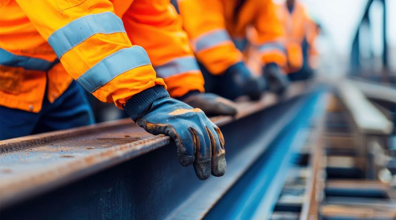 Rail workers in safety gear working on rail line to support Darlington Station redevelopment article