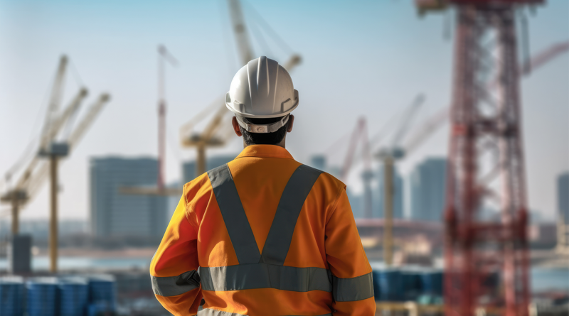Construction worker stood on site overlooking machinery to support Retentions in construction article