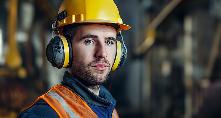 Industrial worker wearing a yellow hardhat, safety earmuffs, and orange vest standing in a construction site.