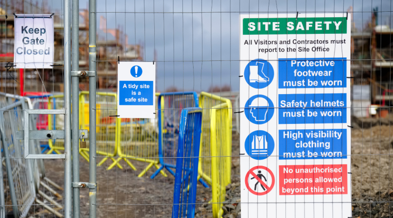 Construction health & safety signs highlighting PPE requirements and site safety rules, reflecting safety compliance trends.