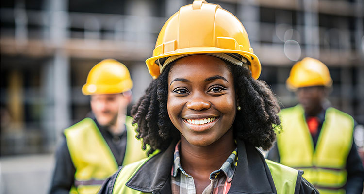 Happy engineer construction worker or architect woman