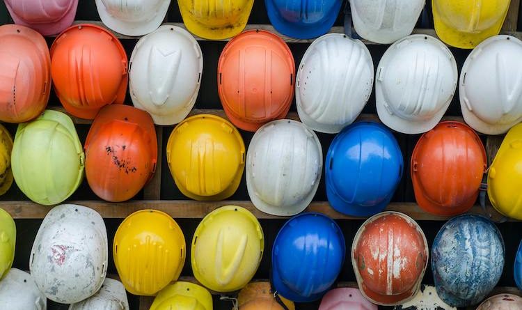 Multi coloured hard hats