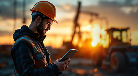 Man in orange hard hat looking at a tablet