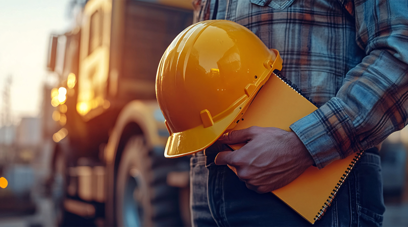 Construction worker stood with hard hat and clipboard to support Mace construction site article