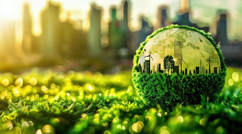 City-scape in background of green lush fields with wind turbines to support net-zero construction article