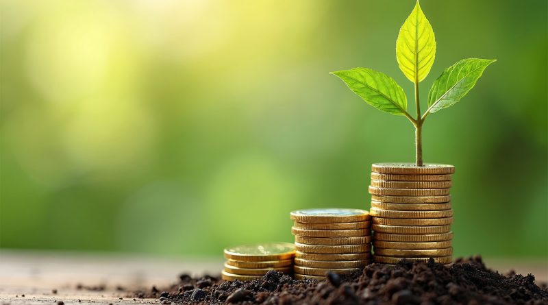 Pile of coins with leaf growing out to support Sizewell C energy infrastructure investment article