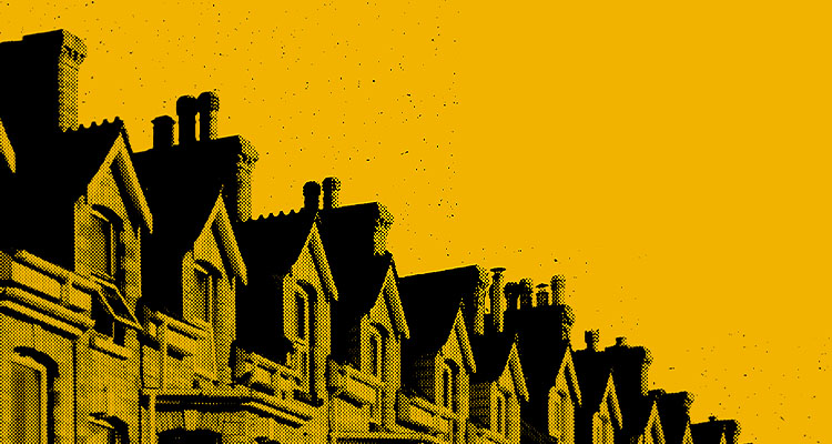 an artistic representation of a row of houses, silhouetted against a bright yellow background