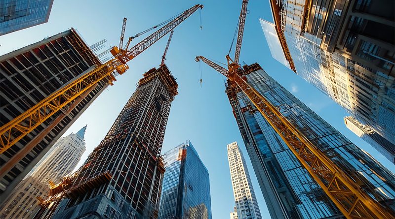 The Top 8 Building Construction Companies in the UK for 2025 Upward view of multiple construction cranes and high-rise buildings under development in a modern city skyline, representing active building construction projects in the UK.