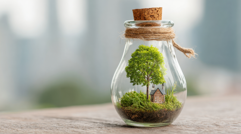 Glass jar terrarium containing a miniature eco-friendly house and green tree, symbolising sustainable living and net-zero home retrofitting.