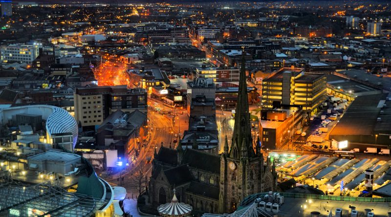 Aerial view of Birmingham city center highlighting regeneration and development zones.