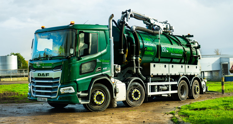 a green DAF XD tanker truck operated by BioMarsh Environmental