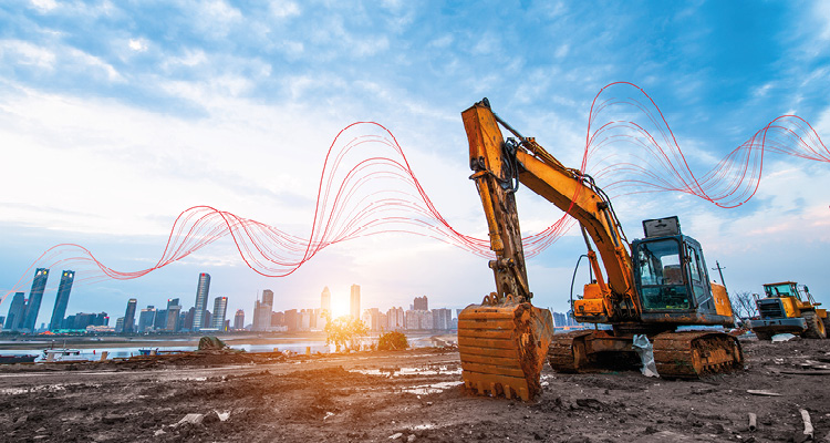 a large yellow excavator parked on an urban construction site, backdropped by a city skyline and stylized digital wave lines symbolizing connected technology or smart construction