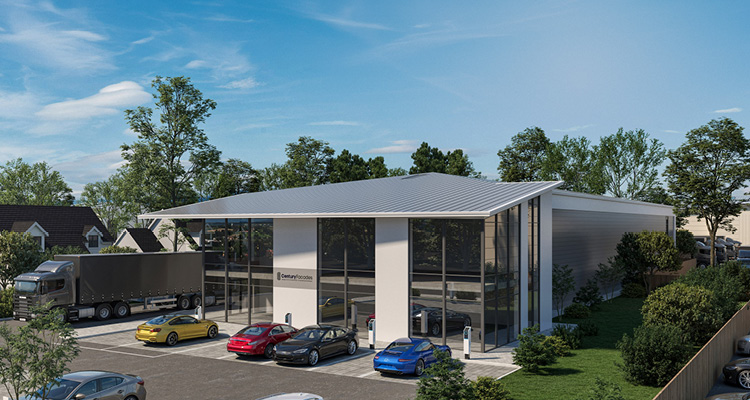 high-resolution 3D architectural rendering of a modern, two-story commercial building