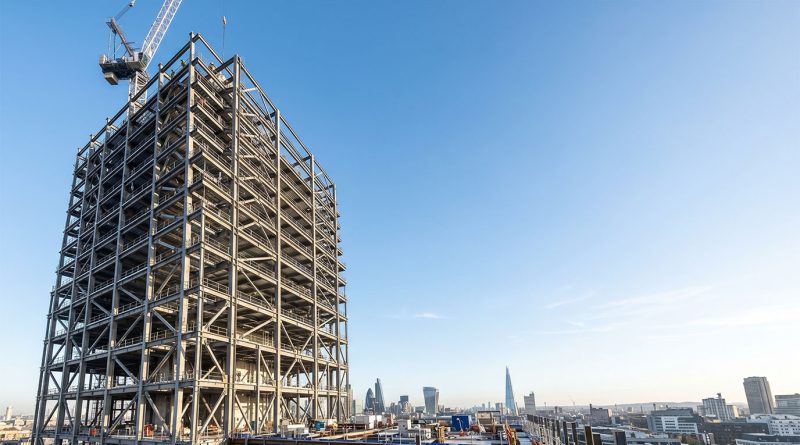 Architectural rendering of a proposed supertall tower in London alongside the city's evolving skyline.