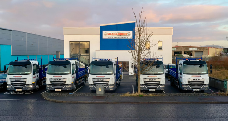a fleet of new generation DAF trucks parked outside the Shareridge Civil Engineering headquarters