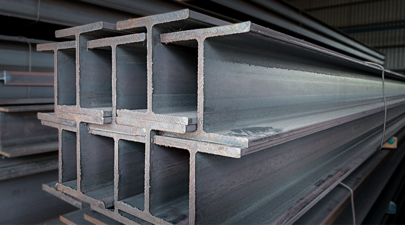 Metal forming steel beams at the metal products warehouse, H-beam steel and Wi-Frank steel