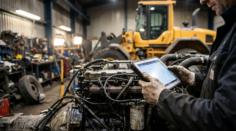 Construction engineer using a diagnostic tablet to inspect a heavy machinery engine inside a UK plant maintenance workshop.