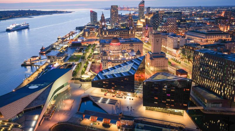 An aerial view of Liverpool's North Docks waterfront, highlighting the proposed regeneration area surrounding Central Docks, Liverpool Waters and Everton's Hill Dickinson Stadium.