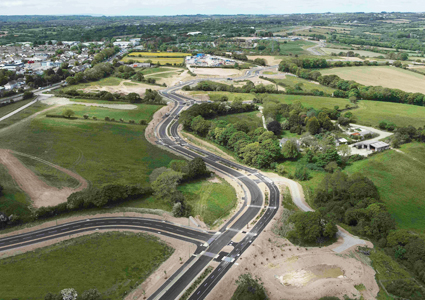 aerial view shows construction progress on the A382 road improvement project in Newton Abbot, Devon