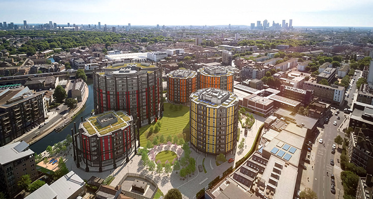 a high-angle, wide-view architectural rendering depicts Regent's View, a contemporary residential development nestled into a dense urban landscape in London