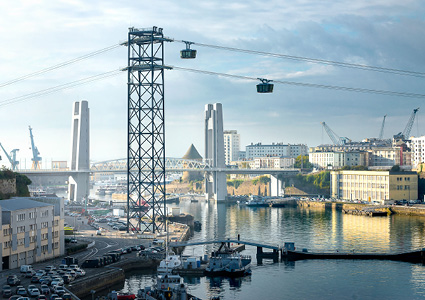  waterfront cityscape in Brest, France, showcasing a mix of modern urban transport and maritime infrastructure over the Penfeld River