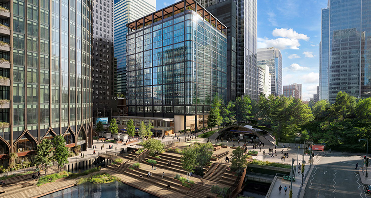 a vibrant, modern urban plaza and waterfront development surrounded by towering glass skyscrapers