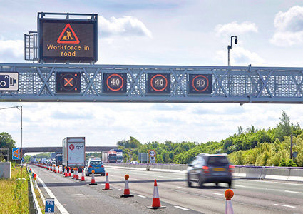 a UK "smart" motorway setup featuring an active roadworks management zone