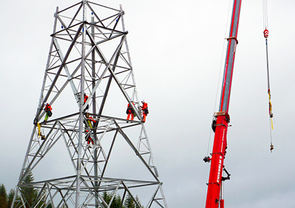 workers in high-visibility orange gear assembling a galvanized steel high-voltage electricity transmission lattice tower alongside a red mobile crane